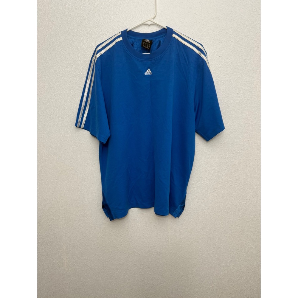Adidas Mens Blue Silver Three Stripe Mesh Athletic T-Shirt Soccer Jersey Large